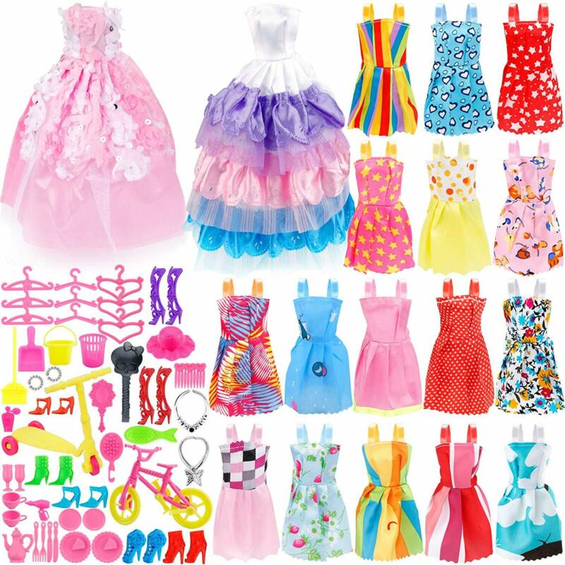 73PCS Doll Clothes Party Gown Shoes Bag Necklace Hanger Toy Accessories Gift