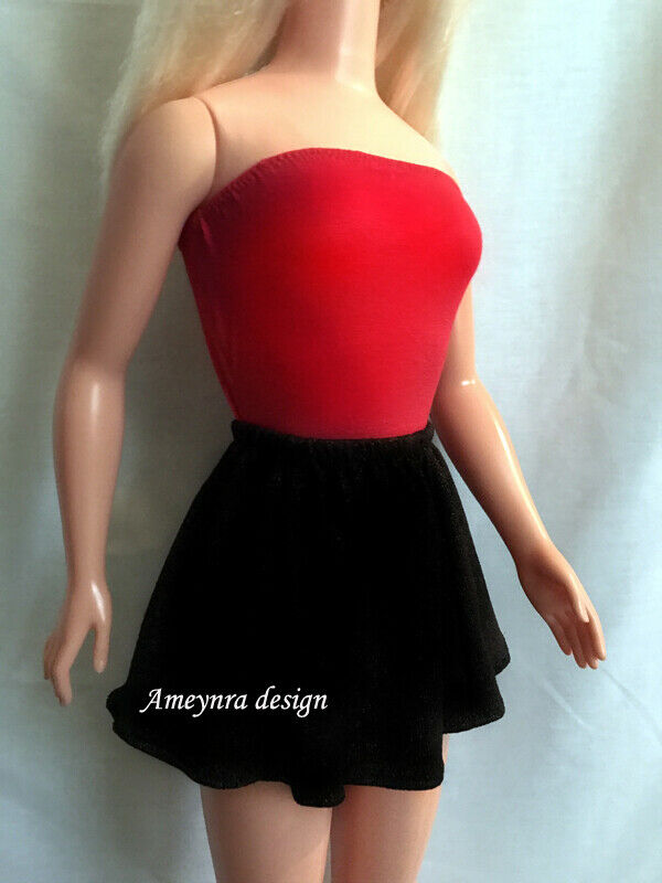 Red Top & Black Mini Skirt for My Size Barbie Doll. New. Stretch Cotton